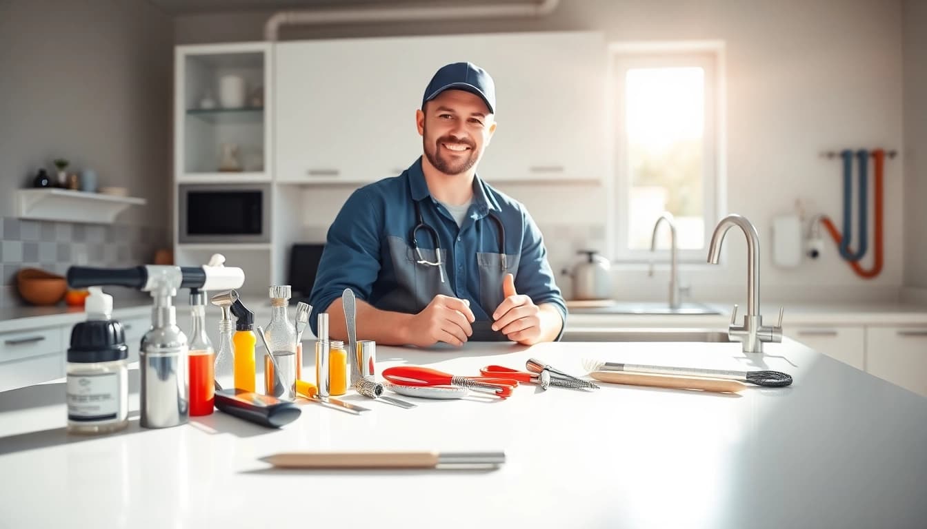 Find a reliable Plumber near me fixing pipes in a bright and modern kitchen setting.