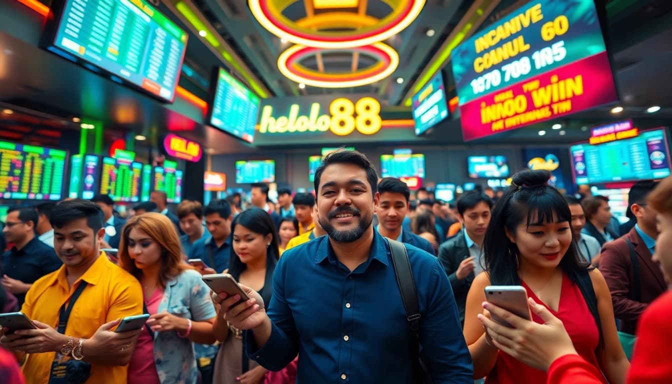 Hello88 vibrant online gambling scene showcasing diverse bettors excitedly engaging with digital platforms.
