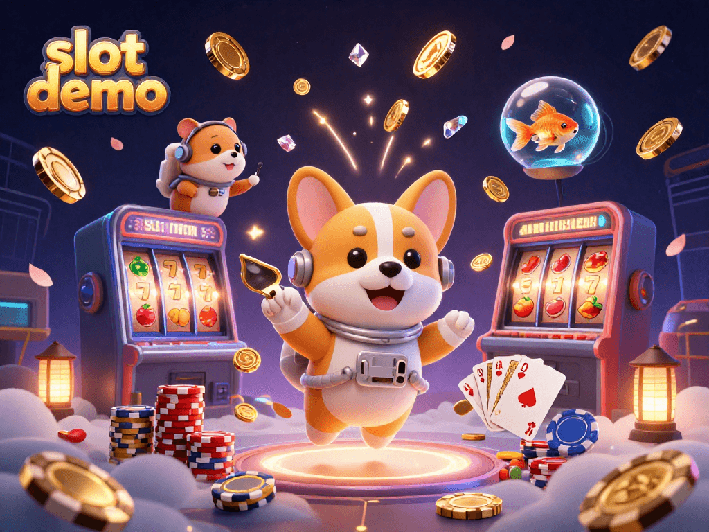 Slot demo memperlihatkan astronot corgi dan karakter kasino mengapung di ruang angkasa.