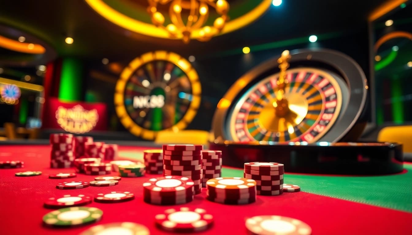 Experience the excitement at NK 88's vibrant casino scene with poker chips and a spinning roulette wheel.