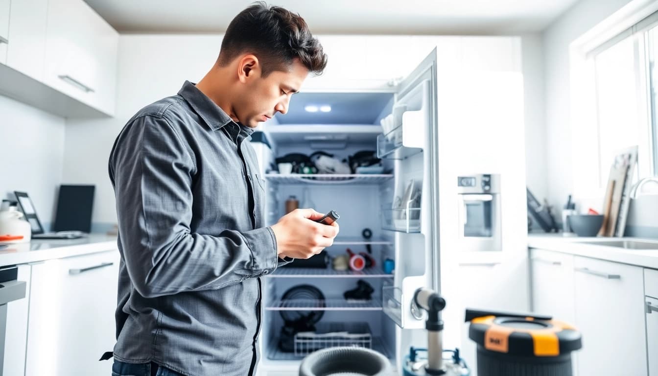 Technician conducting refrigerator repair ottawa with tools in a bright kitchen.