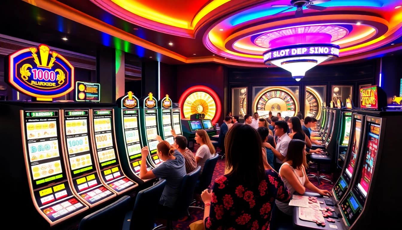 Pemain yang antusias bermain mesin slot di kasino yang ramai menampilkan Slot Depo 1000.