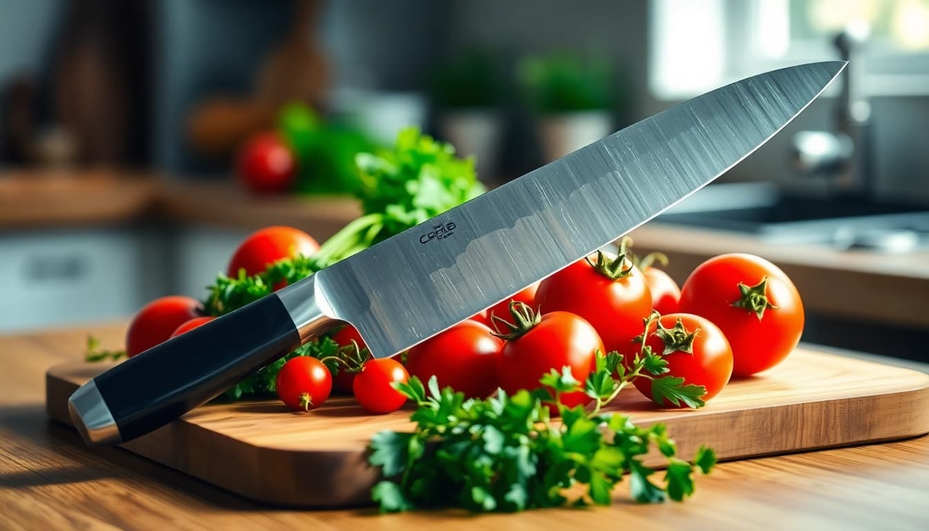 Using a premium quality chef’s knife NZ for chopping vegetables on a wooden board.