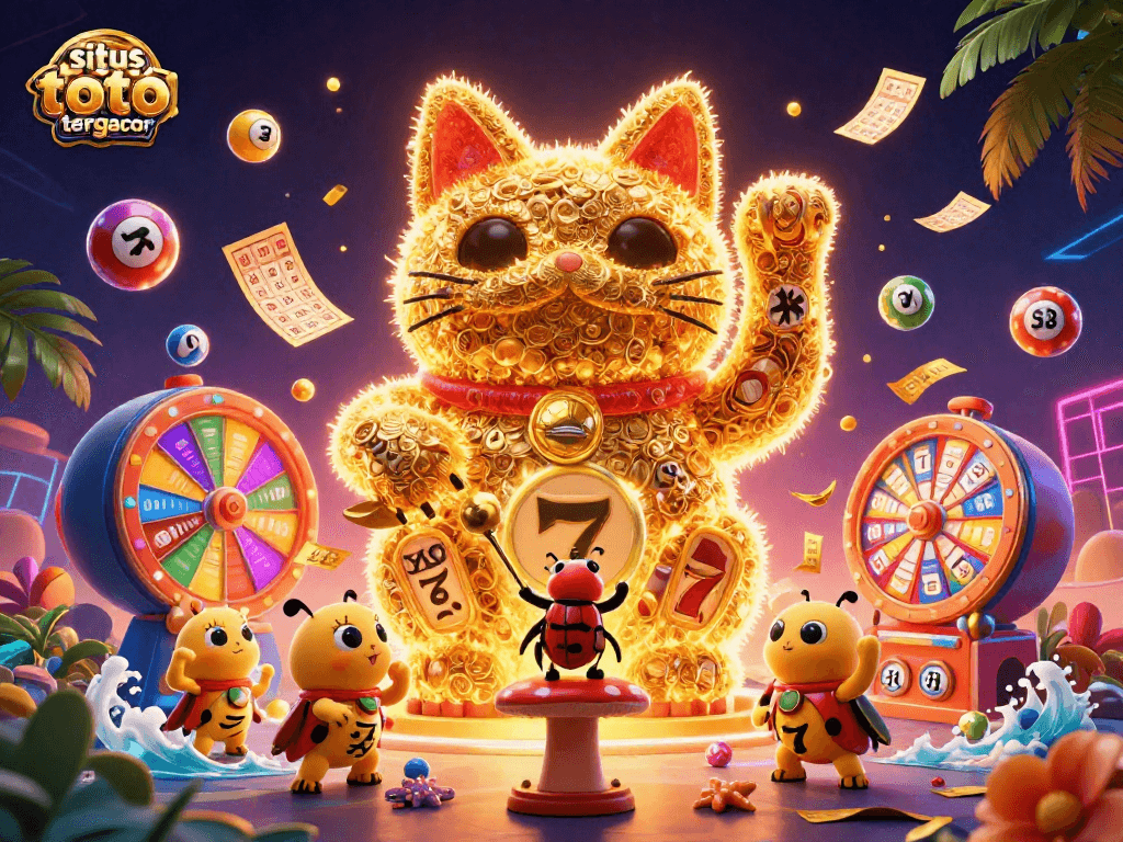 Experience the excitement of situs toto slot tergacor with a vibrant 3D illustration of a lucky cat surrounded by casino symbols.