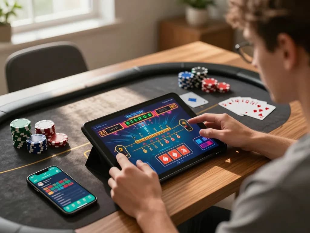 Player engaging in online w 88 casino action using tablet at home with vibrant visuals and strategic focus.