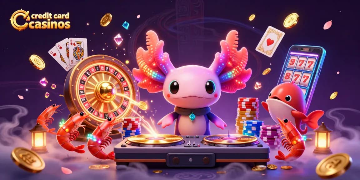 Engage with vibrant credit card casinos featuring neon characters, slots, and dazzling jewels.