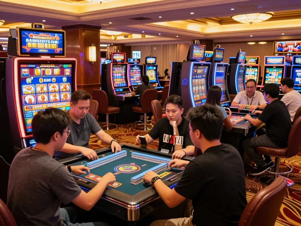 Engaging players celebrating wins at Mahjong Slot machines in a vibrant casino environment.