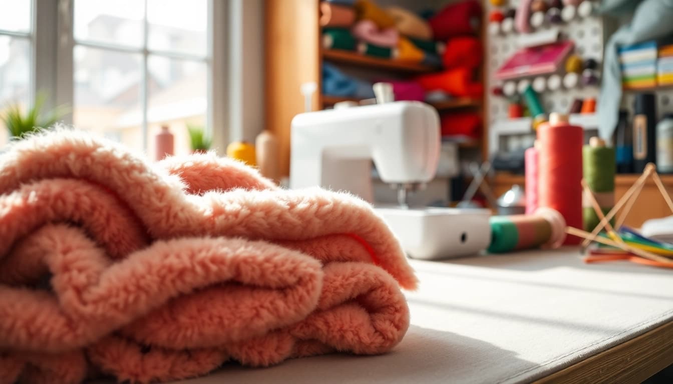 Fleece stof met levendige garens op een naaitafel, ideaal voor handwerk.