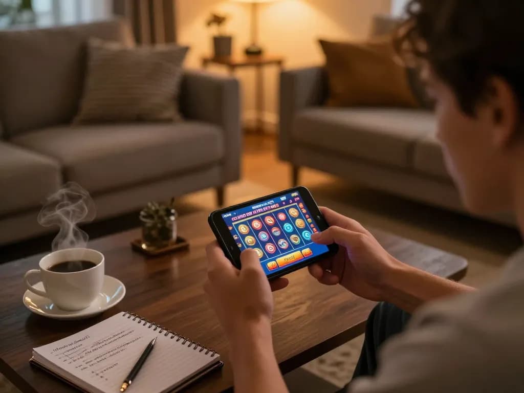 Engaging in gtatoto gaming on a smartphone in a cozy living room setup, highlighting mobile casino excitement.