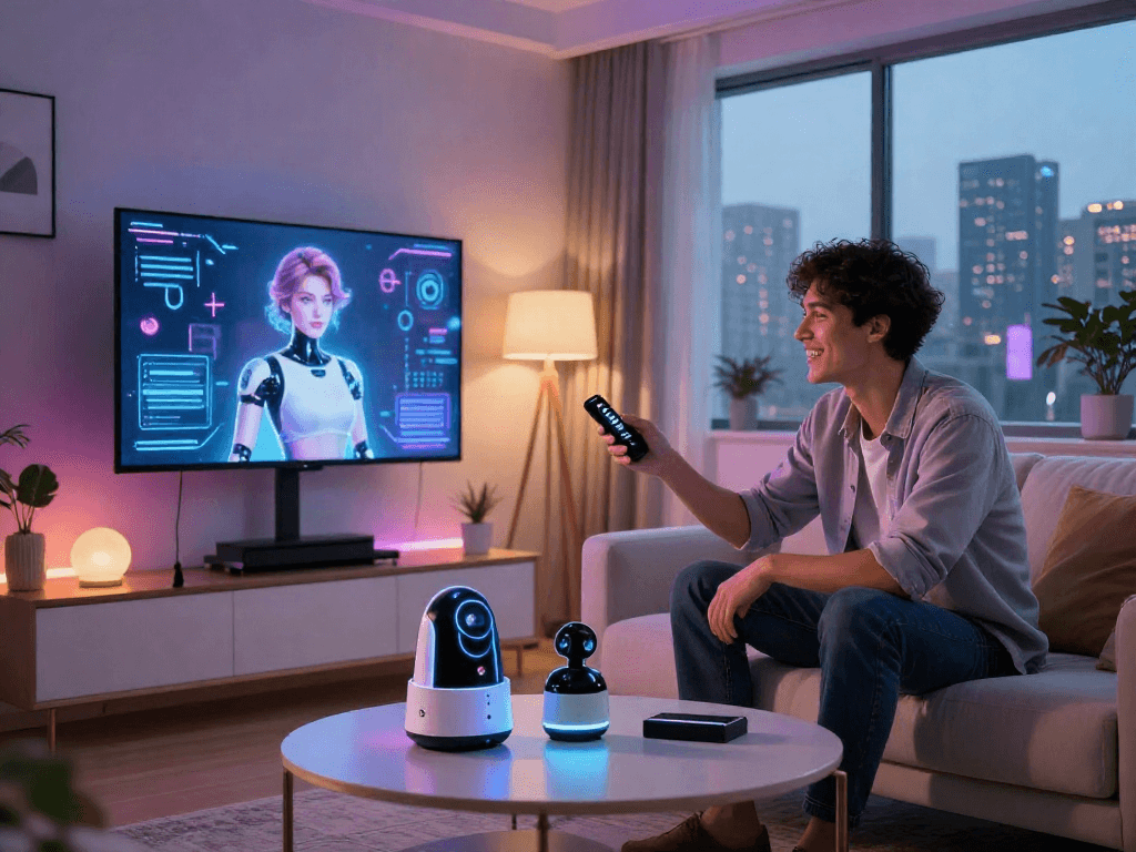 Interactive sex bot engaging user in a modern tech-savvy living room, showcasing futuristic design elements.