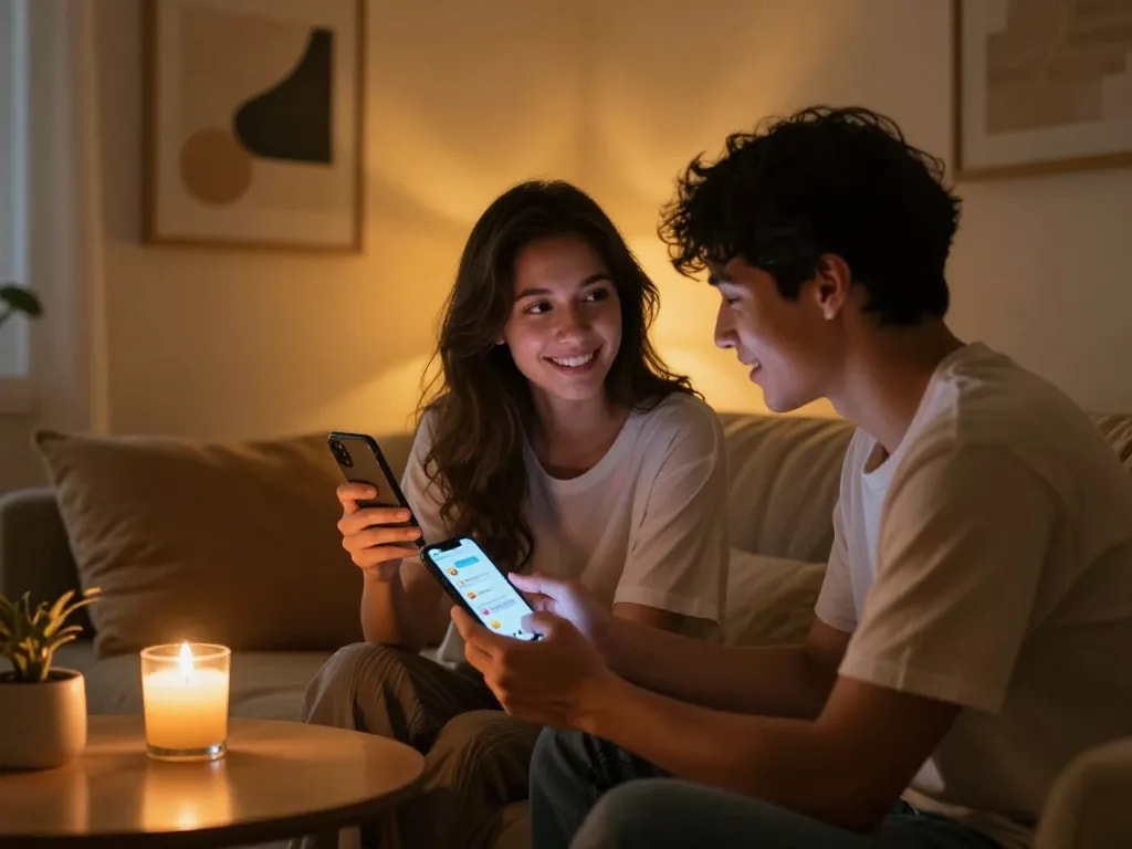 Engaging in ai sex chat on smartphones in a cozy living room