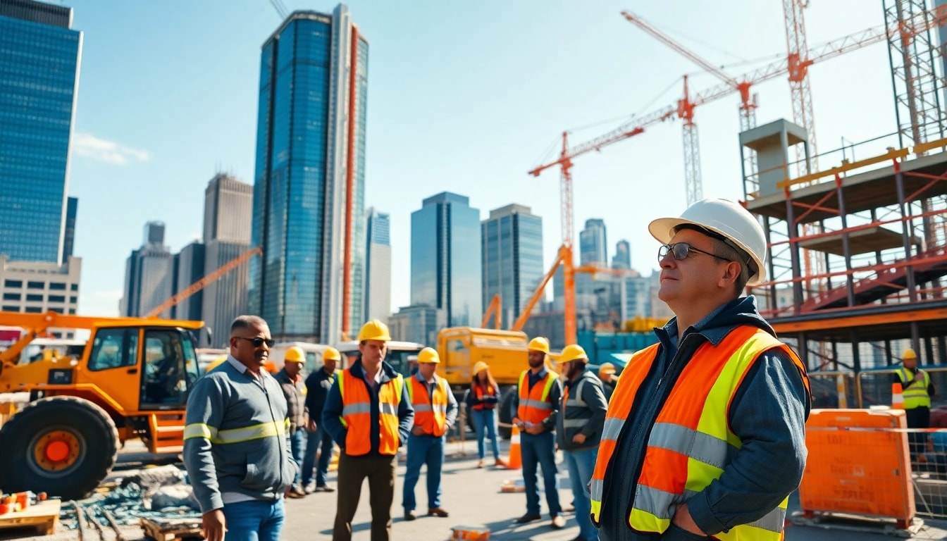 New York Construction Manager leading a diverse team at a busy construction site.