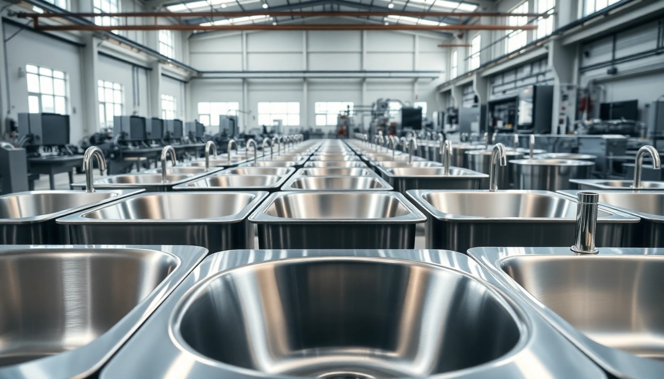Stainless steel basin factory showcasing polished products in a modern industrial setting.