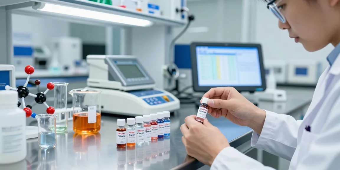 Swiss Chems laboratory scene with scientist analyzing peptide vials and equipment