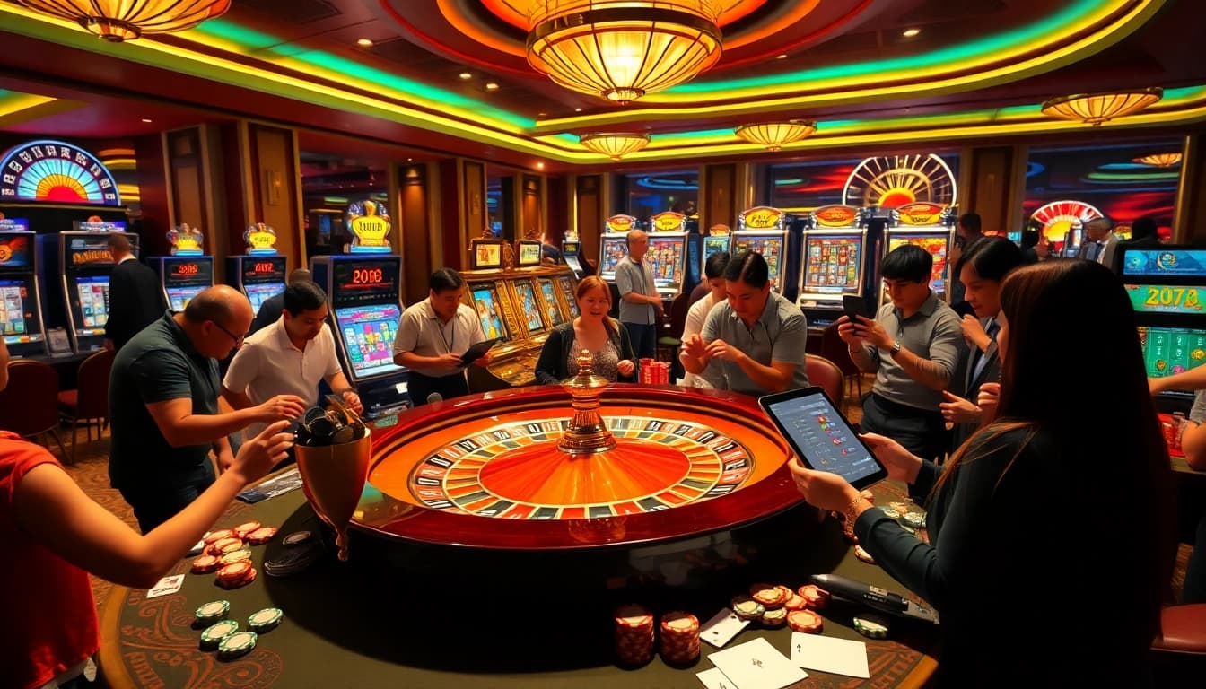 A dynamic scene capturing gamblers at the ev88 casino tables, immersed in game excitement with luxury and thrill.