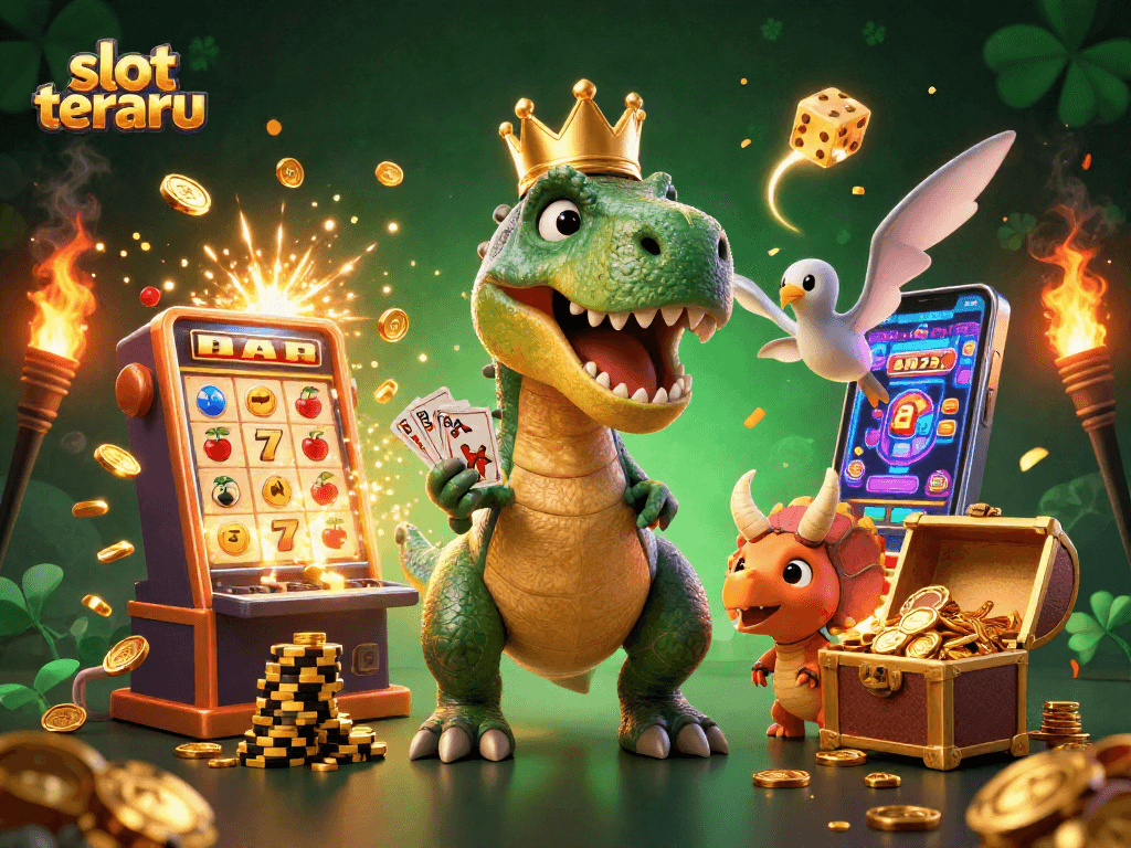 Experience the excitement of slot terbaru with a cartoon T-Rex shuffling cards surrounded by jackpot treasures.