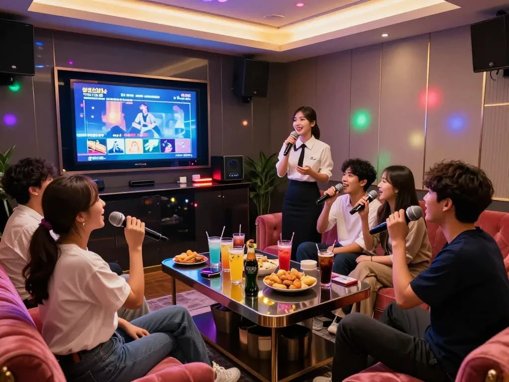 친구들이 음료와 활기찬 분위기 속에서 인천쓰리노 노래방 경험을 즐기는 모습을 담은 매력적인 장면.