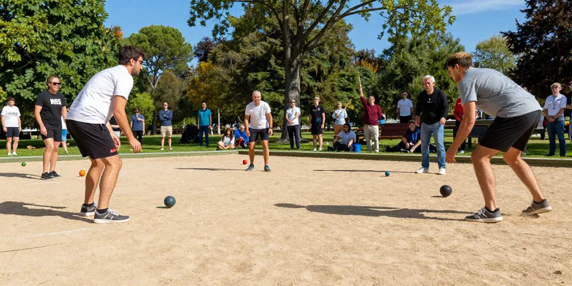 Pertandingan petanque di fopikotatarakan.org di taman yang cerah dengan pemain bersemangat.