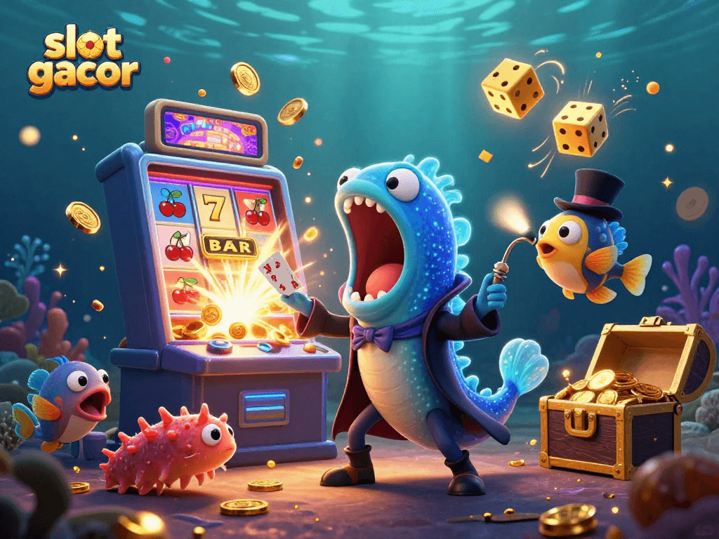 Slot gacor menghadirkan ilustrasi ajaib dengan elemen kasino di bawah laut.