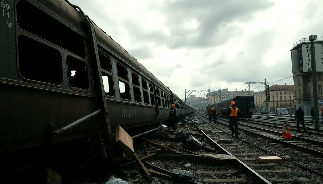 Scene depicting the aftermath of the spain train crash, featuring wreckage and responders.