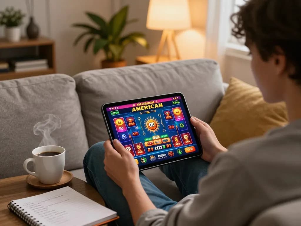 Playing a thrilling game at a casino online americani on a tablet in a cozy home setting