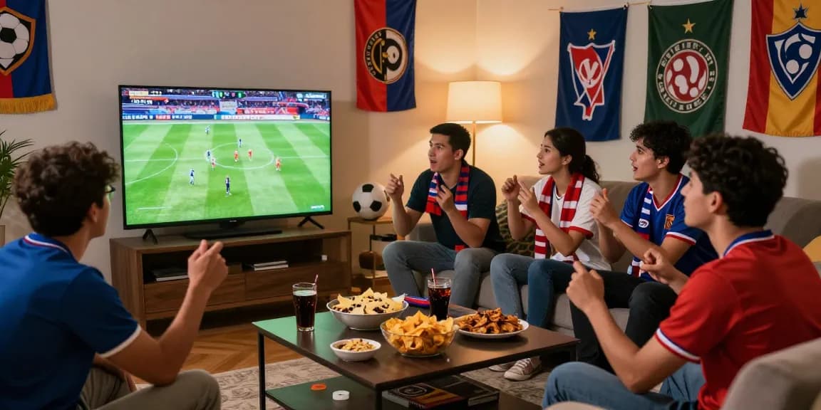 Fans enjoying kora live football match in a lively urban living room.