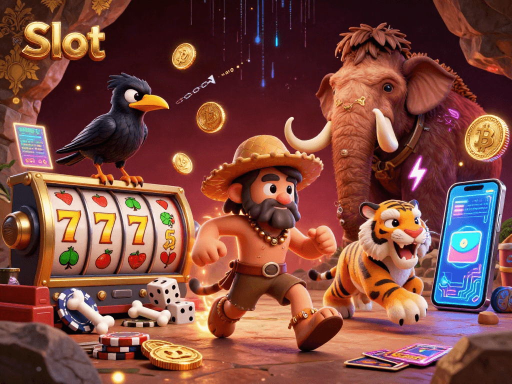 Experience the thrill of Slot gaming with a vibrant prehistoric casino scene featuring unique characters and crypto treasures.
