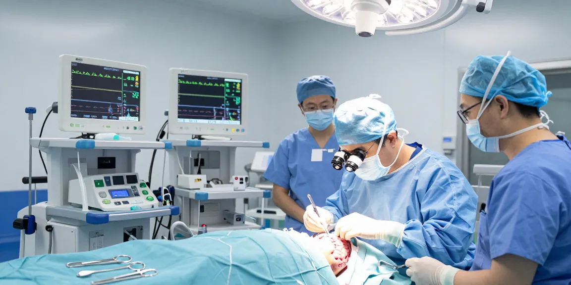 Beyin tümörü ameliyatı in a modern surgery room showcasing a neurosurgeon at work with advanced medical technology.