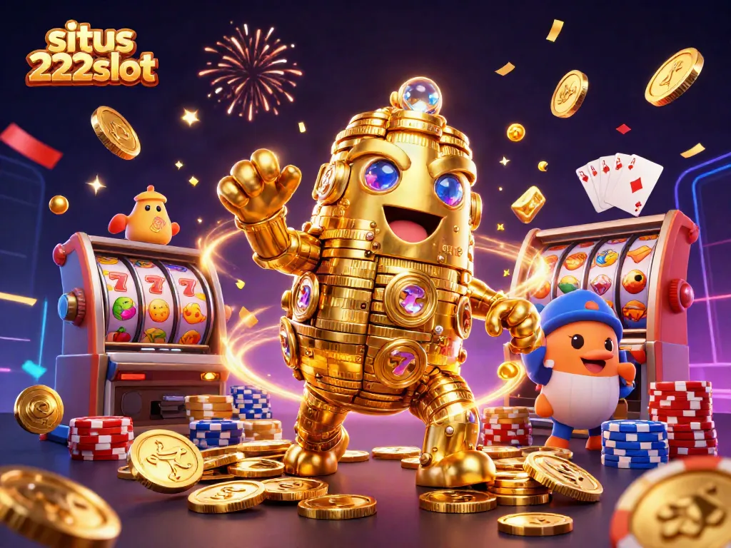 Permainan menarik di situs 222slot dengan ramainya koin emas yang jatuh dan simbol slot berkilaunya.