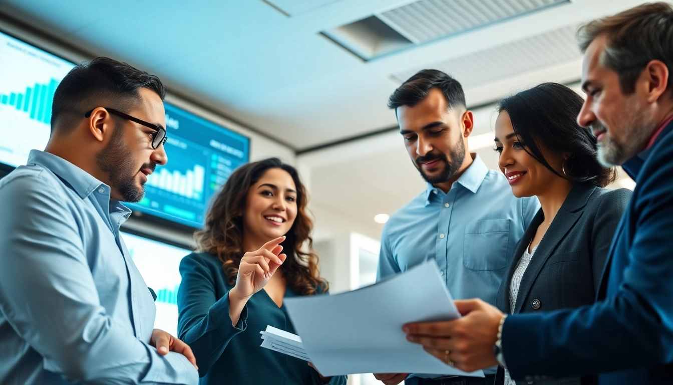 Analyze competitive intelligence data with professionals collaborating in a modern office.