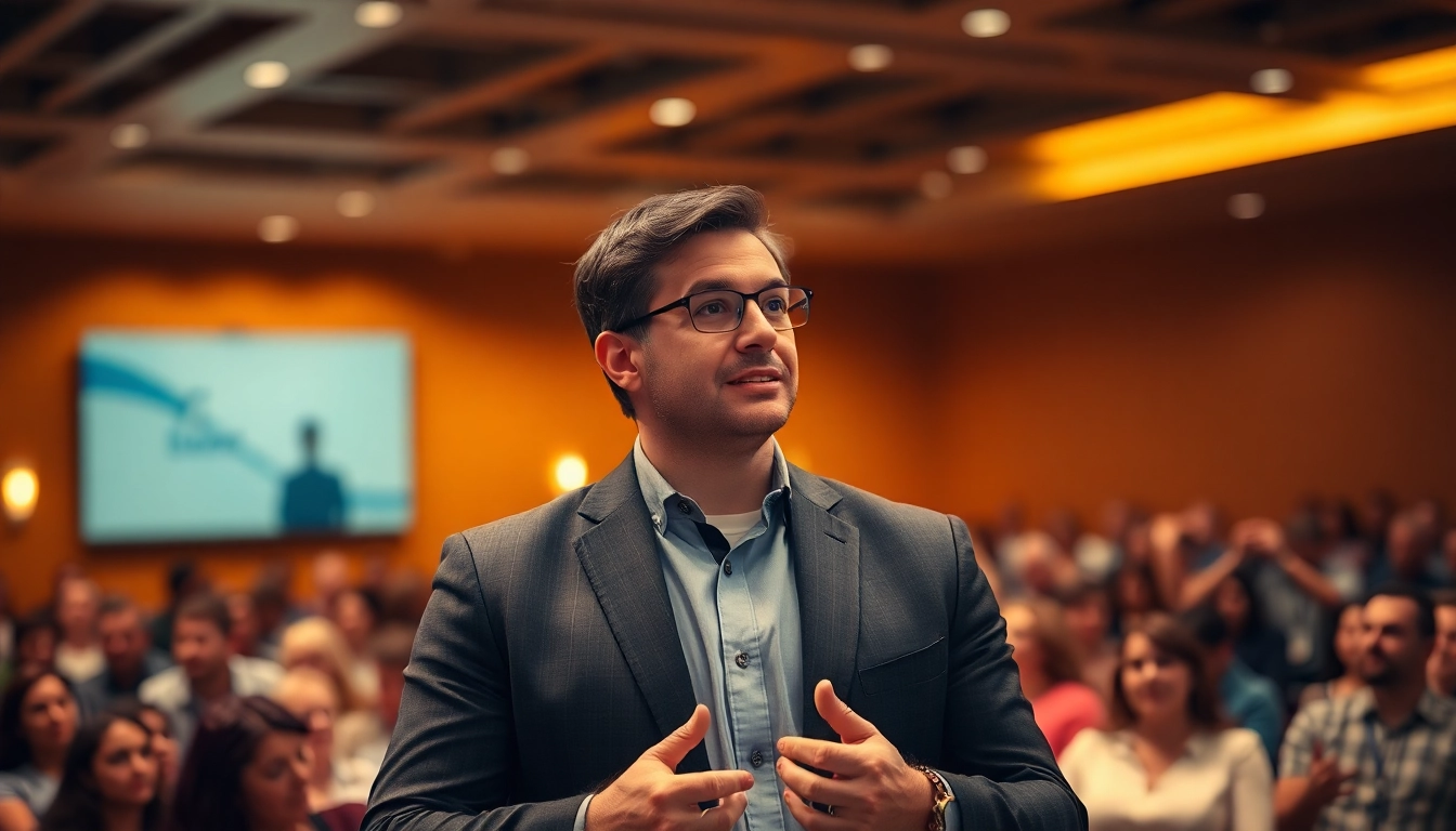 Enhance your ability in overcoming fear of public speaking with a confident speaker engaging an attentive audience.