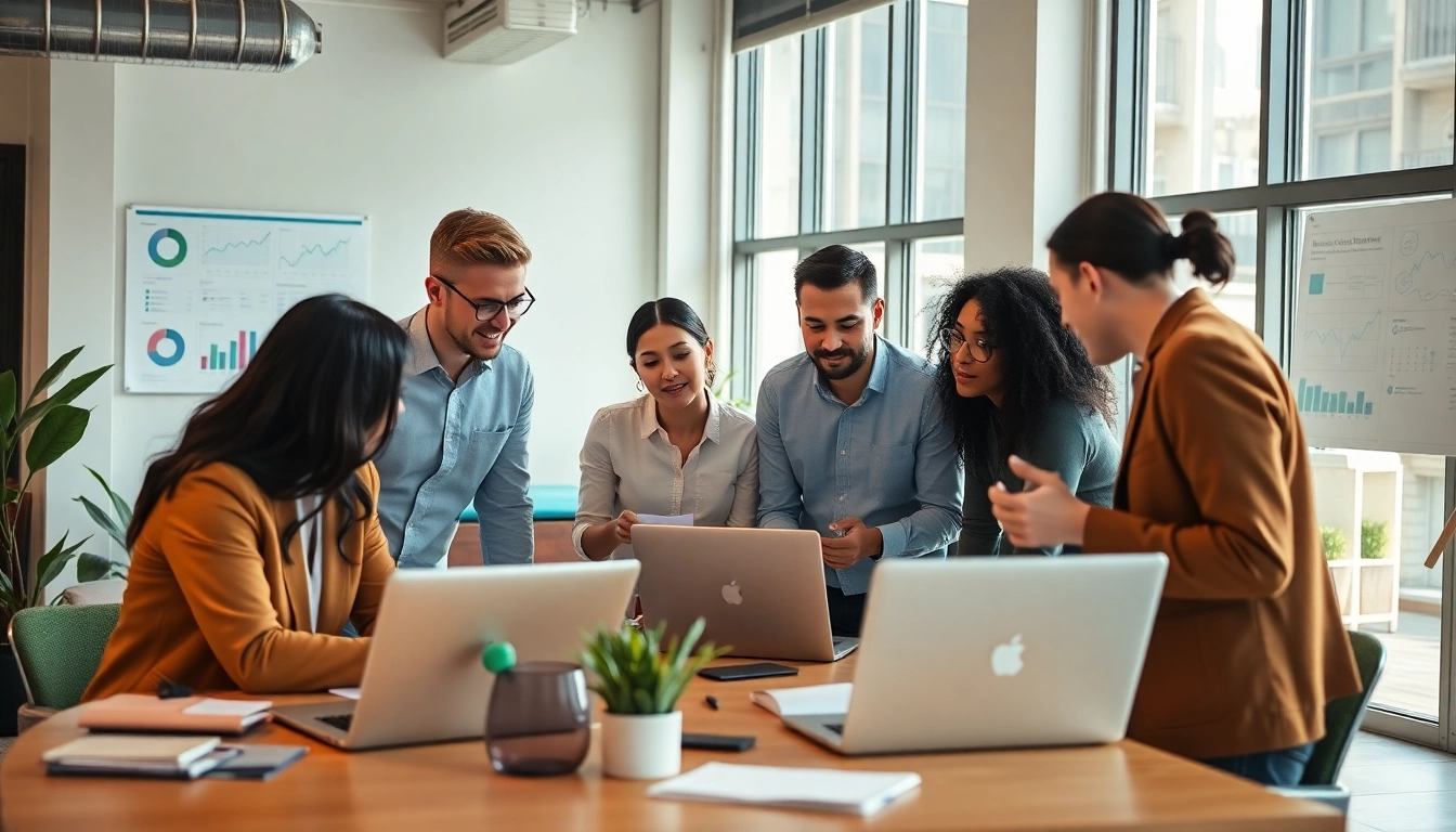 Engaged team working on edmonton social media marketing strategies in a bright office.