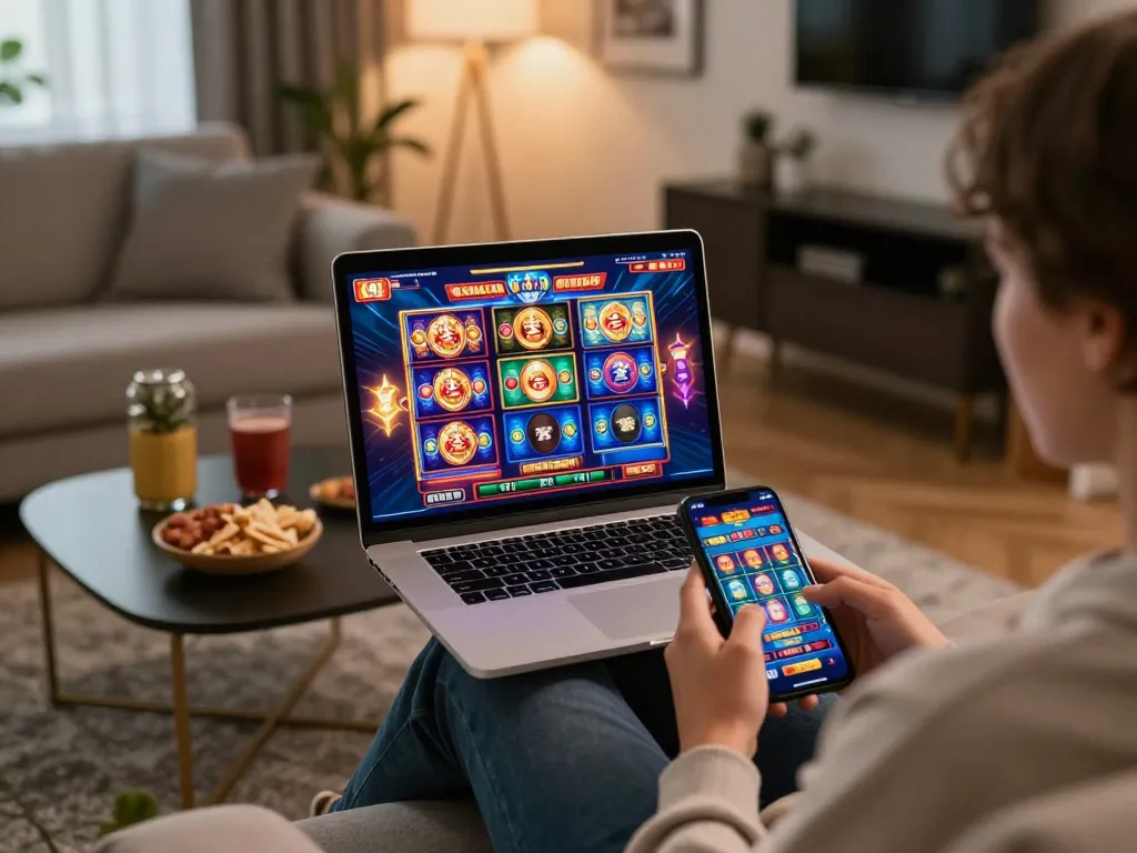Engaging with link slot games on a laptop in a cozy home setting.