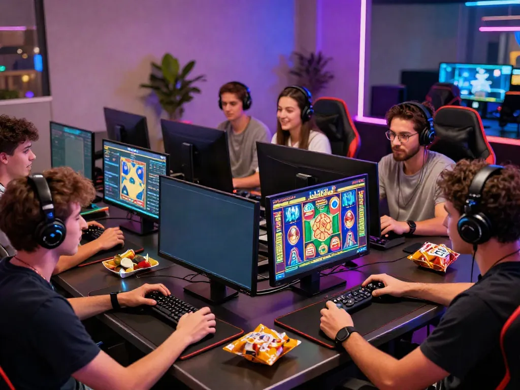 Exciting gaming session featuring friends playing rokok88 super with vibrant graphics and snacks.
