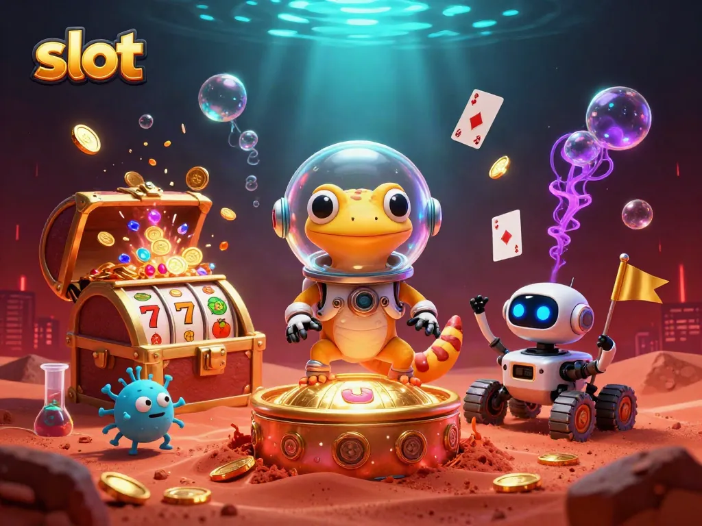 Menggandakan keseruan saat bermain slot dengan kasino emas di Mars yang ditemukan oleh gecko Martian, didukung oleh rover robot.