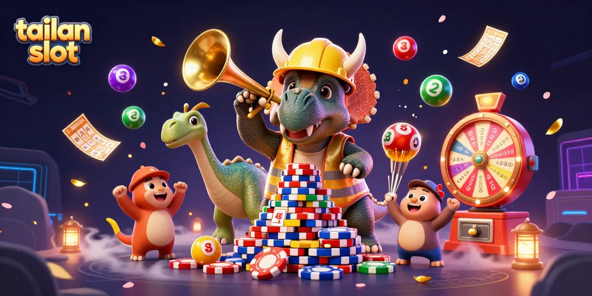 Experience the thrill of tailan slot action as a triceratops builds poker chips while celebrating with friends.