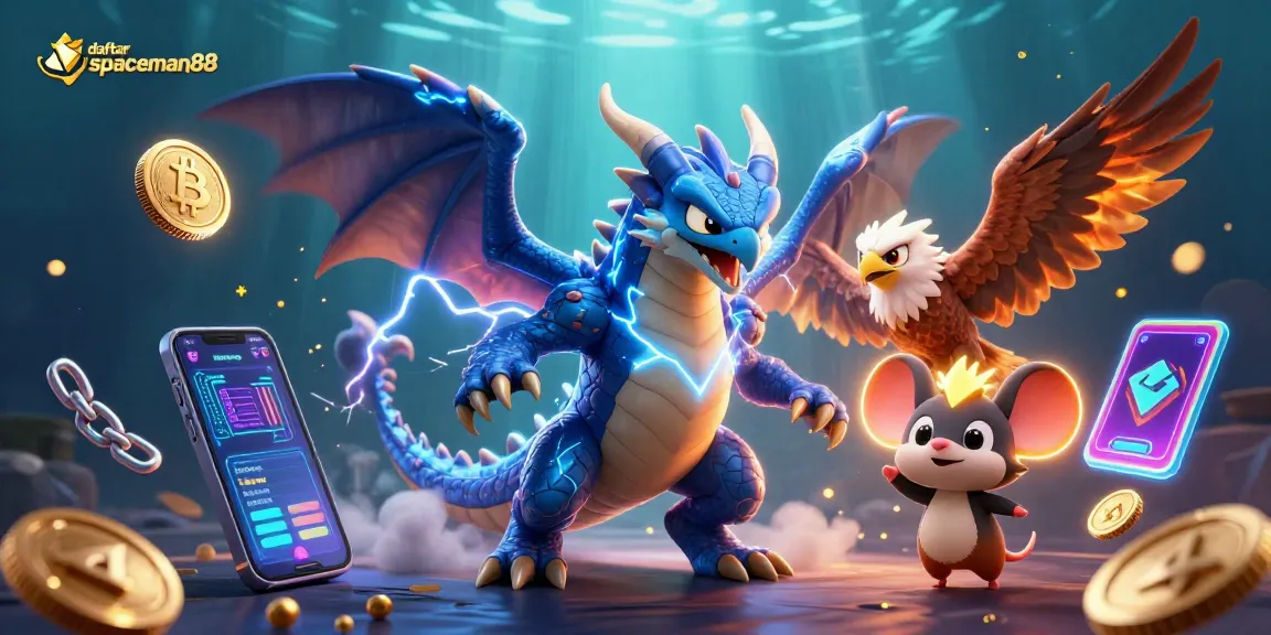 Play thrilling games at daftar spaceman88 featuring a dynamic illustration of a thunder dragon and crypto elements.