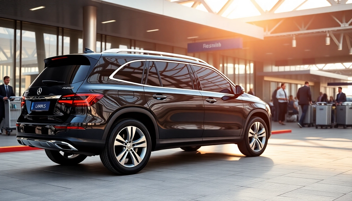 Book Private Airport Transfers with a luxurious SUV waiting at the airport terminal.