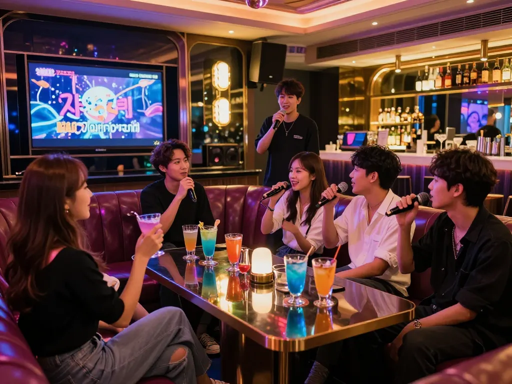 활기찬 노래방에서 음료를 즐기며 노래하는 친구들 그룹