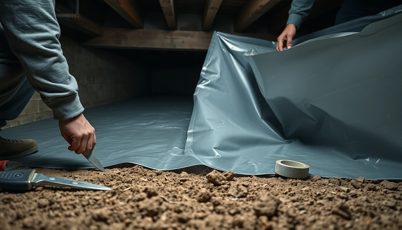 Vapor Barrier Installation process highlighted with an installer sealing a crawl space.