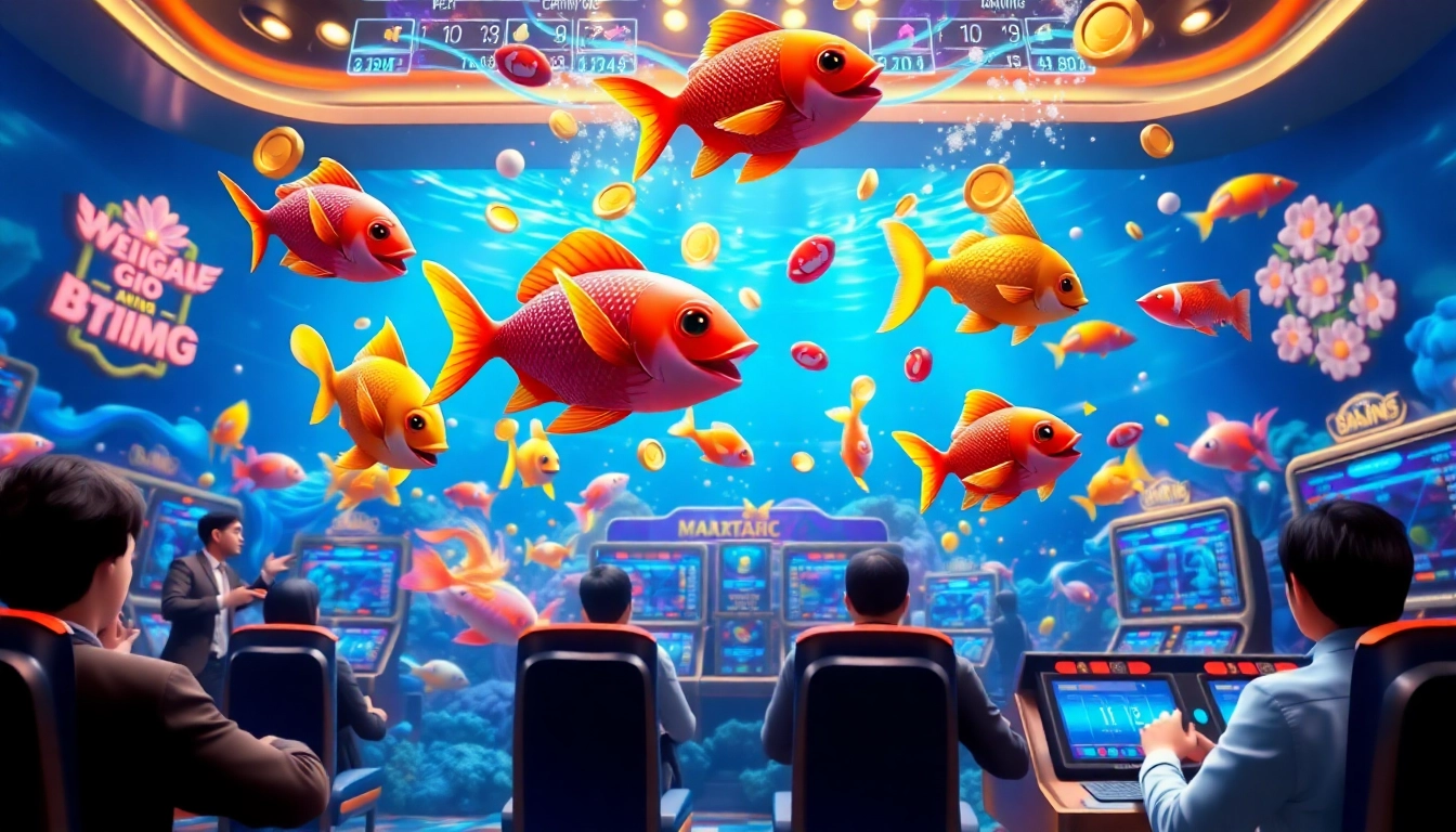 The excitement of bắn cá đổi thưởng captured in a luxurious, vibrant underwater gaming scene filled with colorful fish and dynamic betting action.