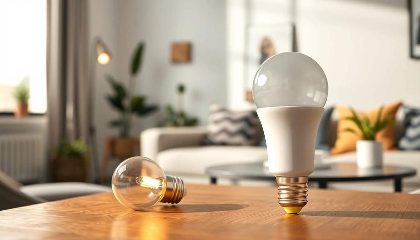 Showcase the elegant design of an a19 led bulb glowing warmly in a stylish living room setting.
