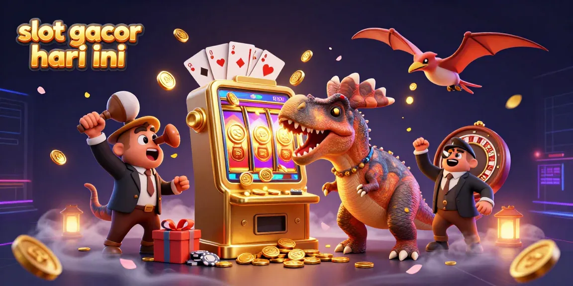 Catch the excitement of slot gacor hari ini with a dinosaur headbutting a golden slot machine!