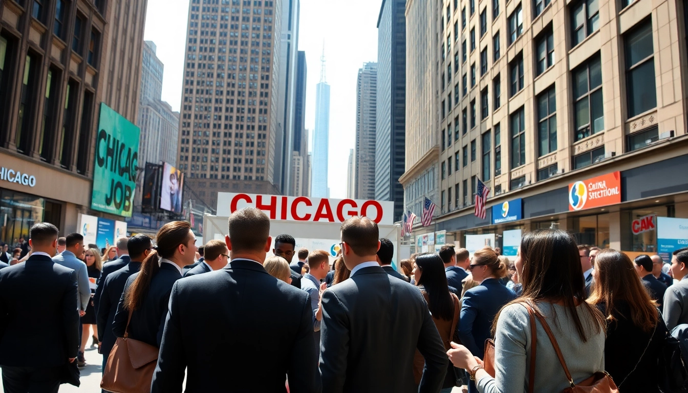 Explore Chicago jobs with professionals networking in a vibrant city setting.