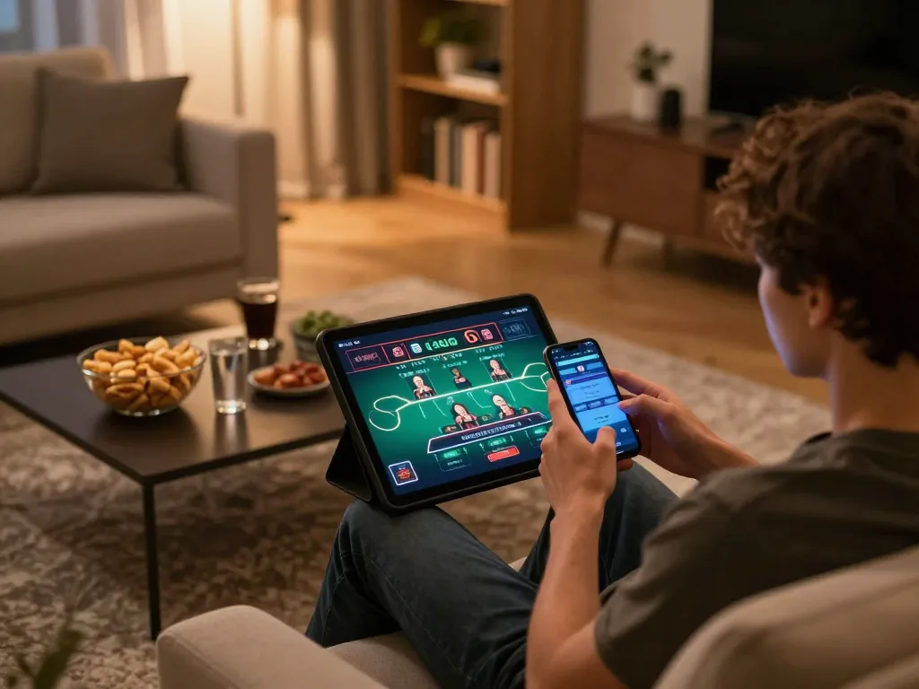 Experience online gambling at MM88 with a cozy home setup showcasing live dealer gaming.
