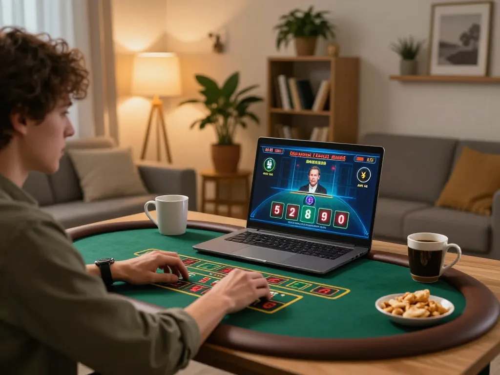 Engaging in a live dealer game at home with สล็อตวอเลท on a laptop, enjoying cozy atmosphere.