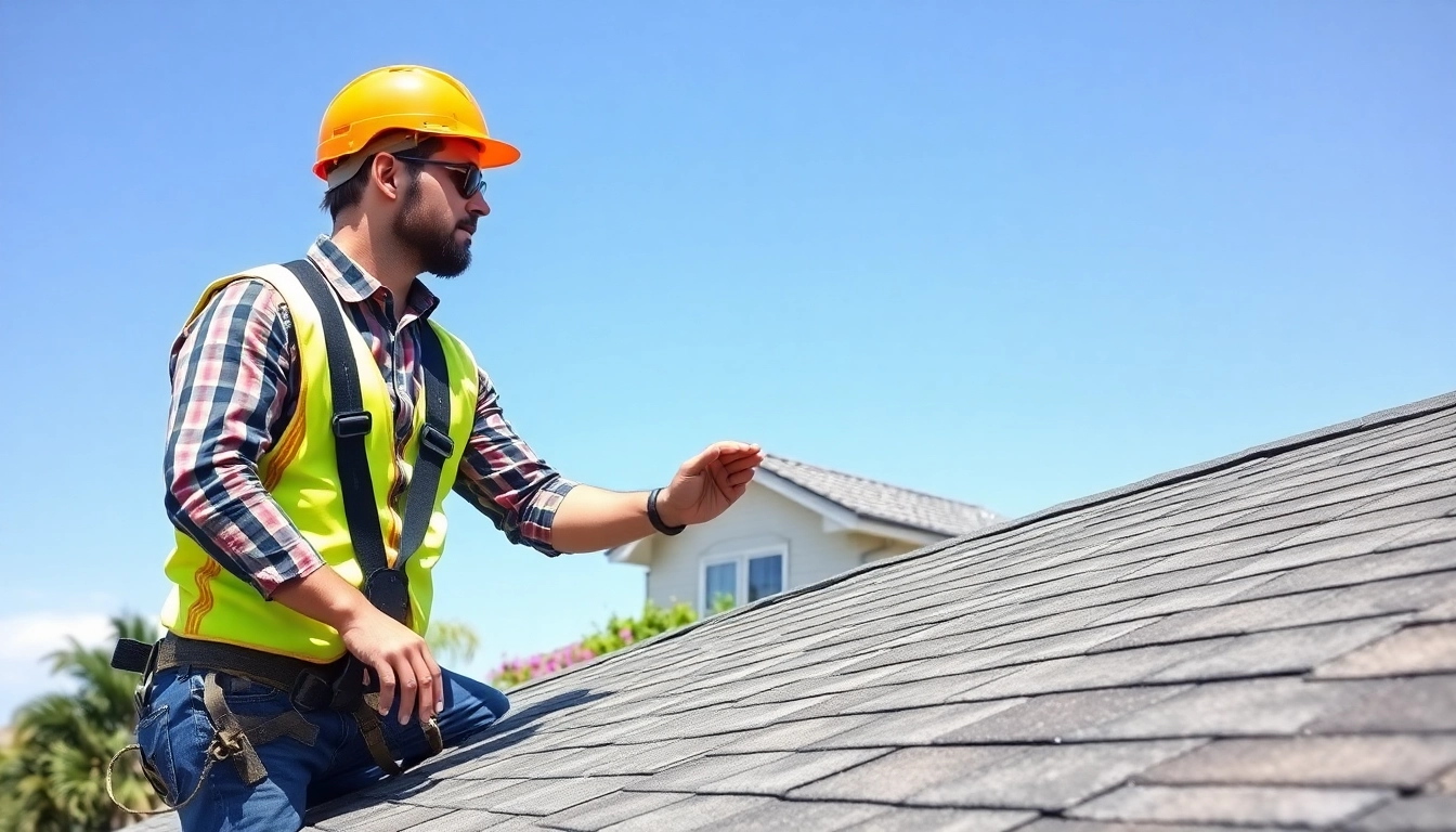 Roof repair inspection with a contractor assessing shingles on a sunny day.