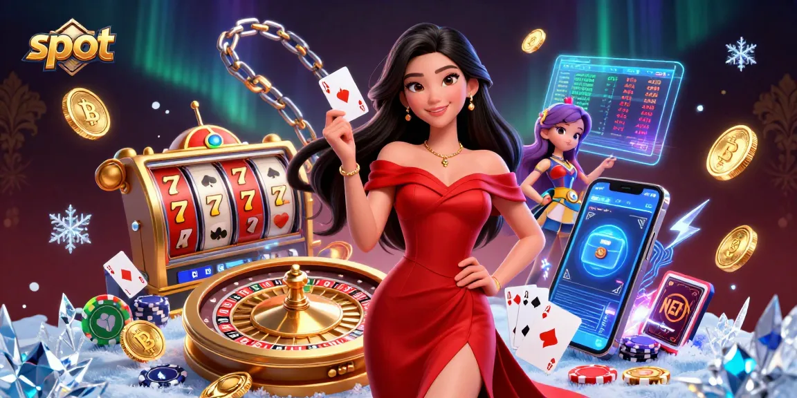 Engaging slot scene with a beautiful woman presenting a winning card alongside slot reels and vibrant casino elements.