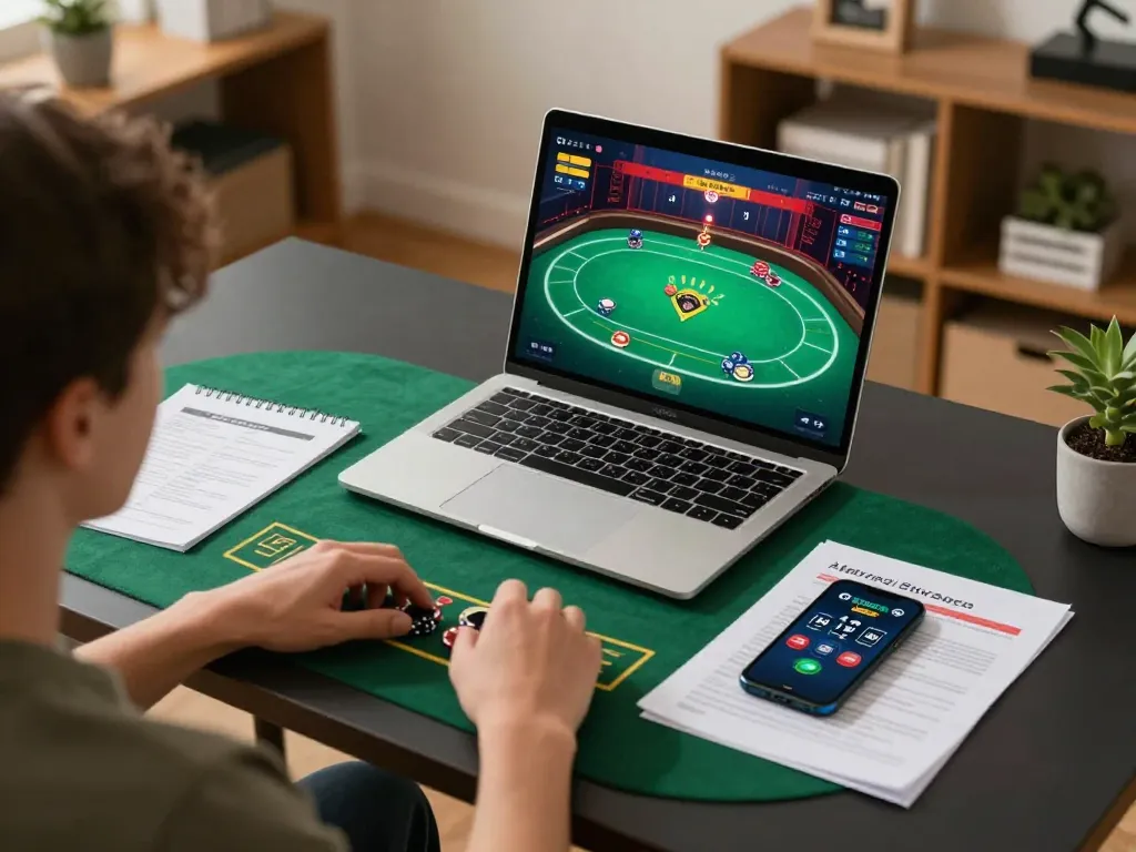 Engaging kp88 online gaming session with player strategizing at home workspace