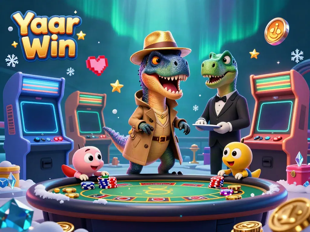 Play engaging games with Yaar Win, featuring a dynamic velociraptor at the blackjack table in a vibrant casino.